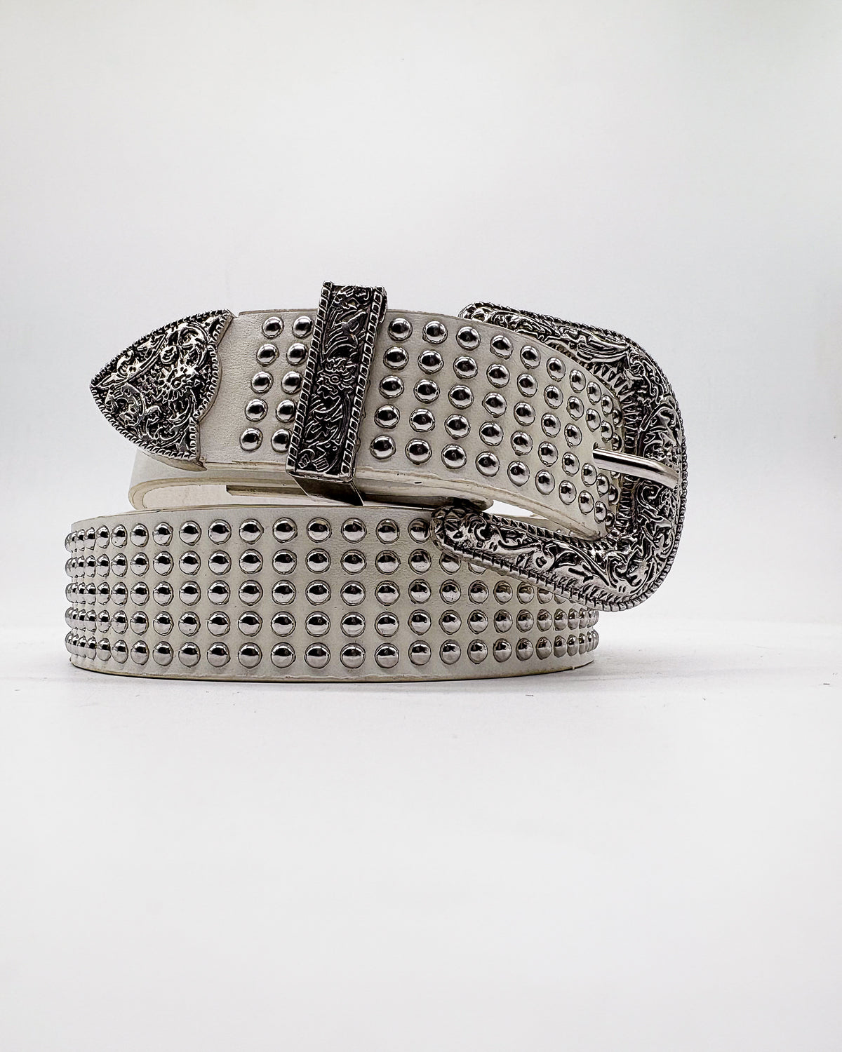 Studded White Belt Engraved Buckle