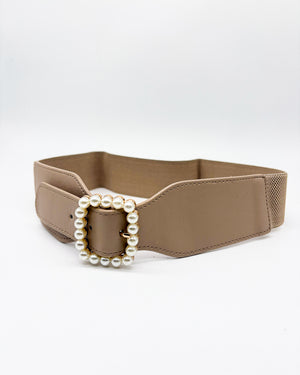 Beige Pearl Buckle Leather Belt