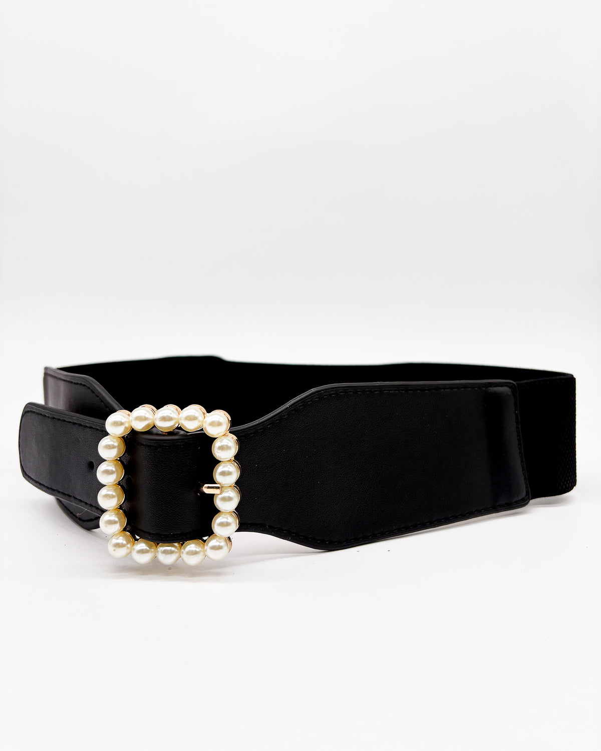 Pearl Buckle Black Leather Belt