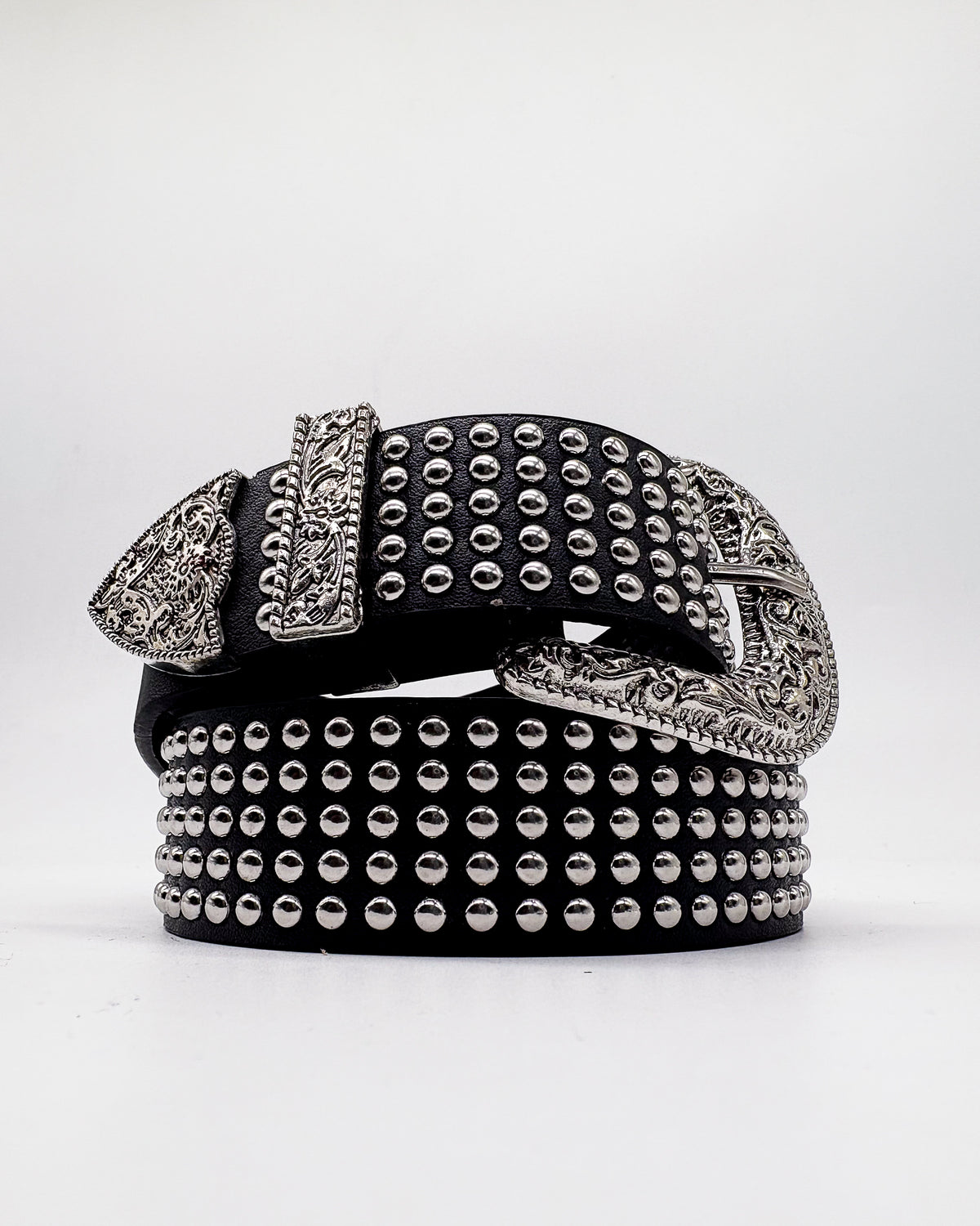 Studded Black Belt Engraved Buckle
