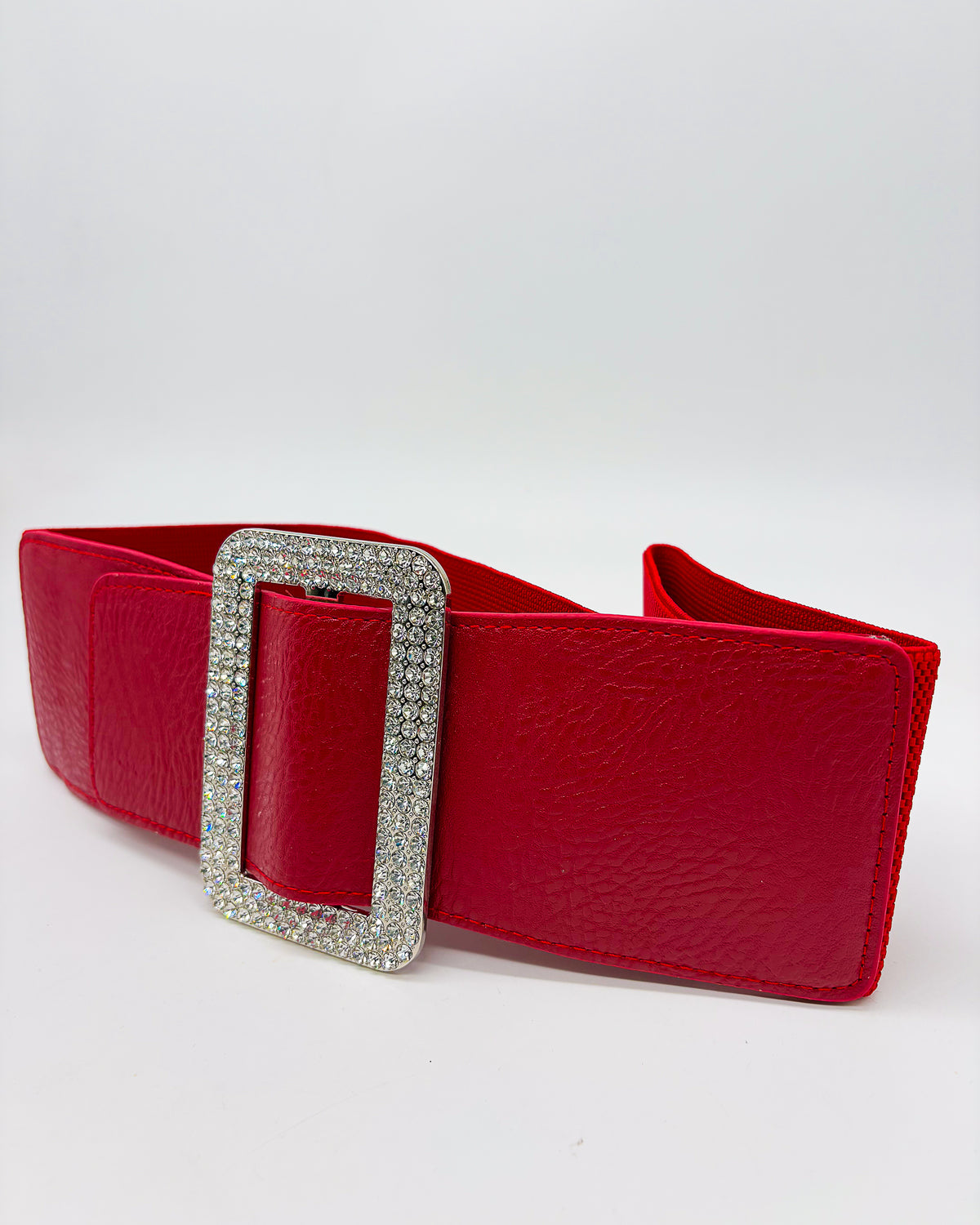 Red Diamante Buckled Elastic Leather Belt