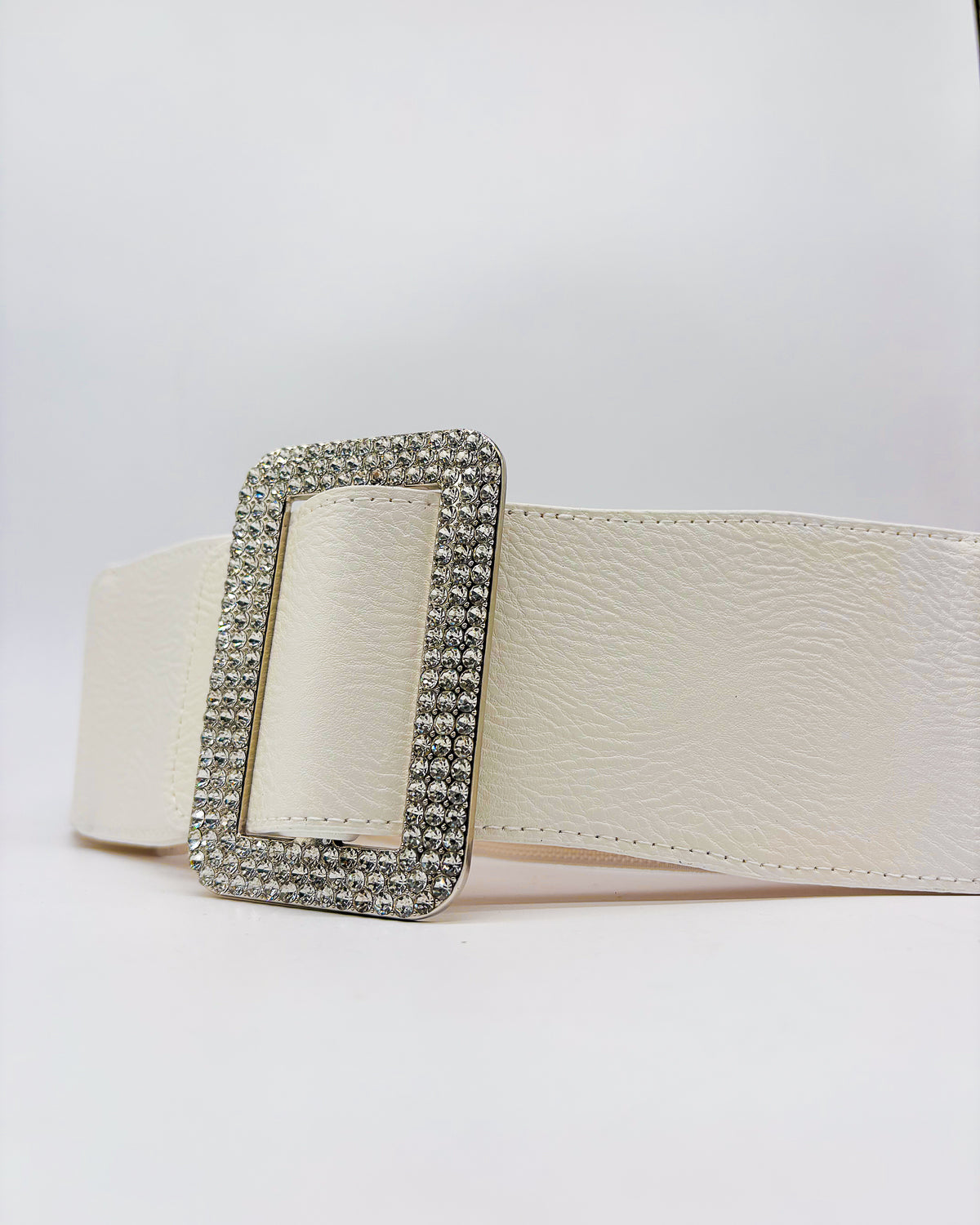 White Diamante Buckled Elastic Leather Belt
