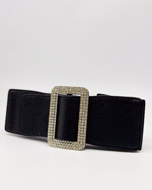 Black Diamante Buckled Large Elastic Leather Belt