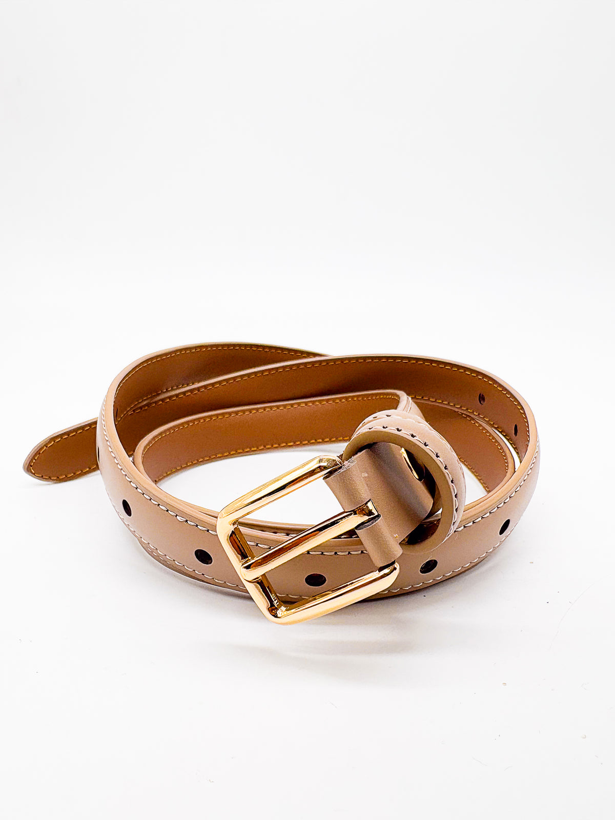 Gold Square Shaped Buckle Tan Slim Belt