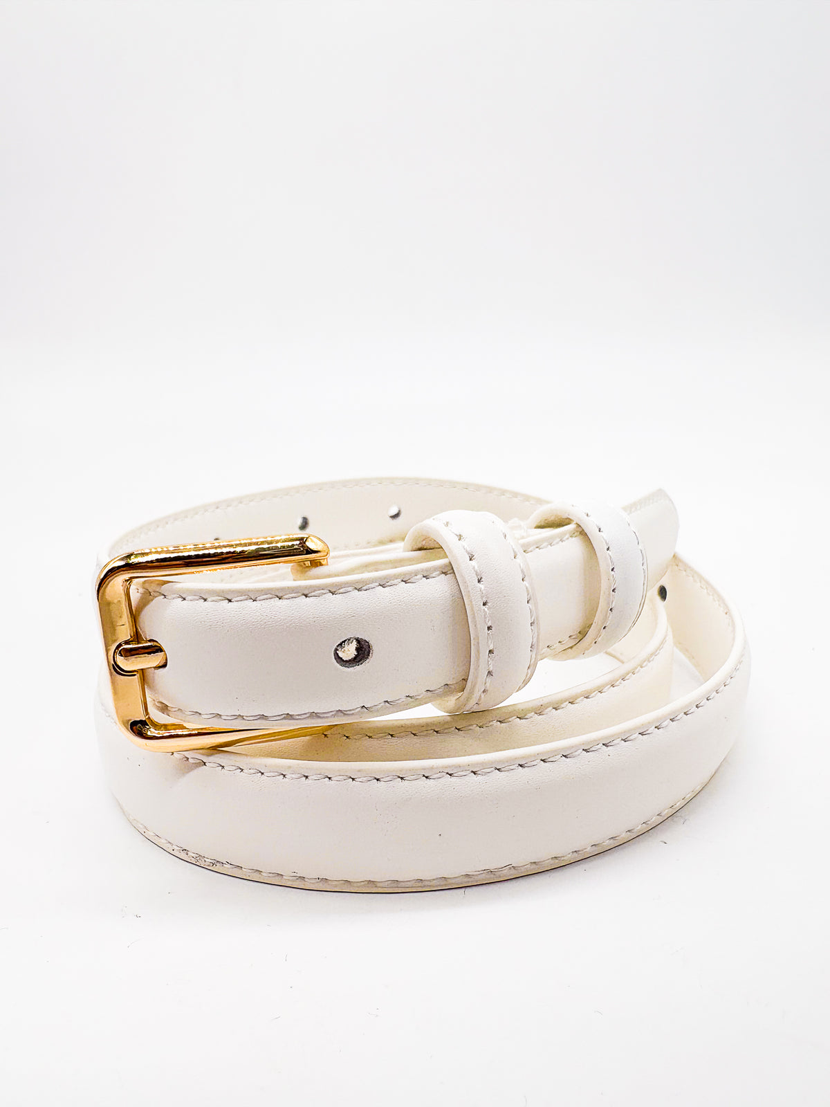 Gold Square Shaped Buckle White Slim Belt