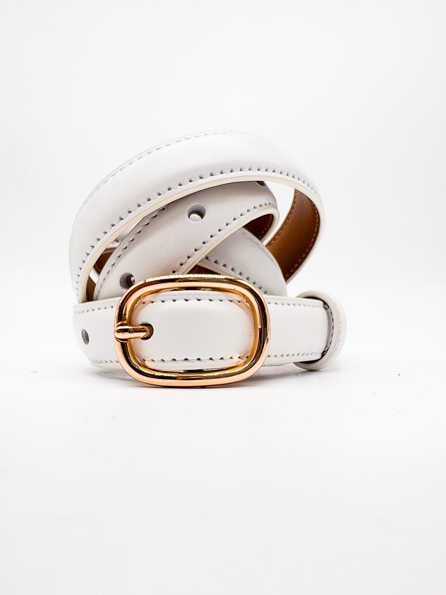 Gold Buckled White Slim Belt - DR PACHANGA