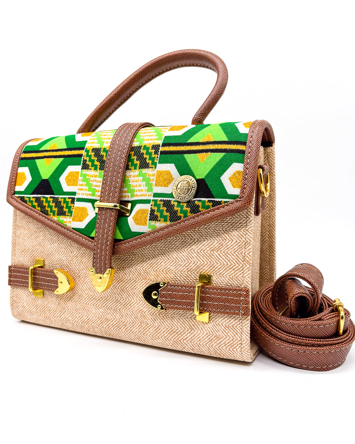 Beige vegan leather handbag or crossbody bag, with green and gold African Wax fabric inlay, three gold buckles and a magnetic clasp.